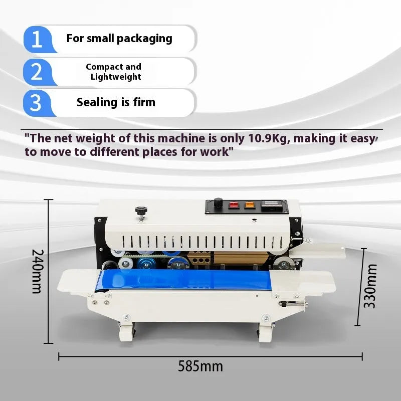 Small steel-frame manual sealing machine for pouches with integrated date printer.