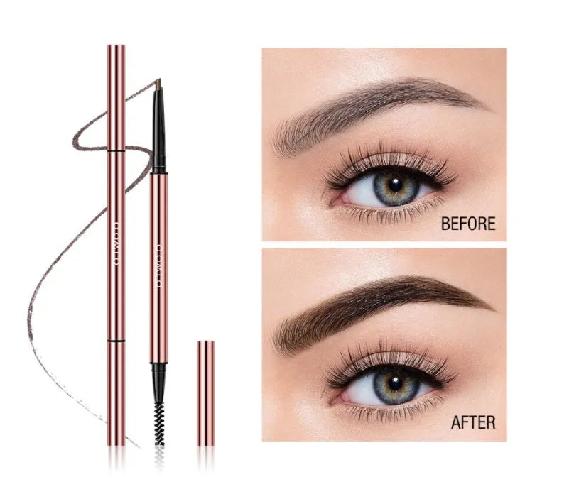 Eyebrow makeup pencil in colour box, showing six shade options: Auburn, Blonde, Caramel, Dark Brown, Soft Brown, Taupe.