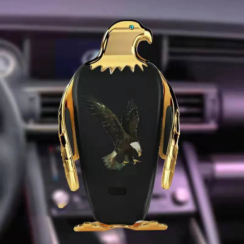 Eagle style wireless charging car phone holder with suction cup mount in black and gold colour.