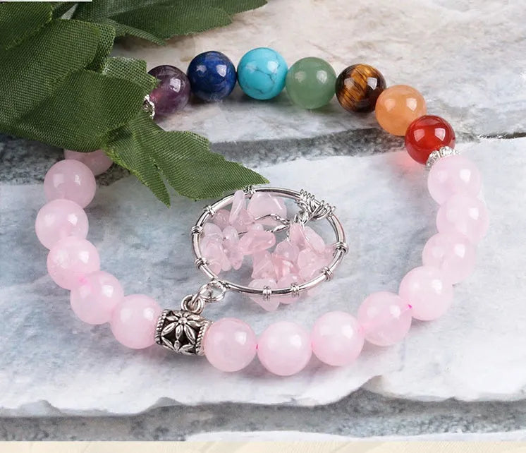 Natural powder crystal beaded bracelet with copper fittings, eight-millimetre beads, seven chakras colour, inner circumference 18.8 cm