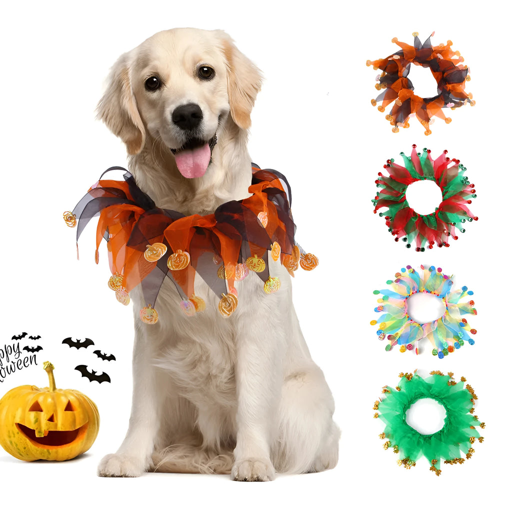 Tie-dye cloth dog collar in colourful patterns including blue, green, Christmas and Halloween styles