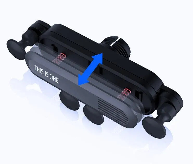Universal car air vent phone holder with adjustable grip in black colour mounted in vehicle