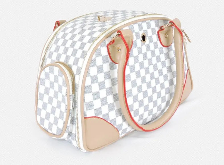 PU pet carrier bag for small dogs and cats, 8 kg max, shown in white and brown with S and L size options