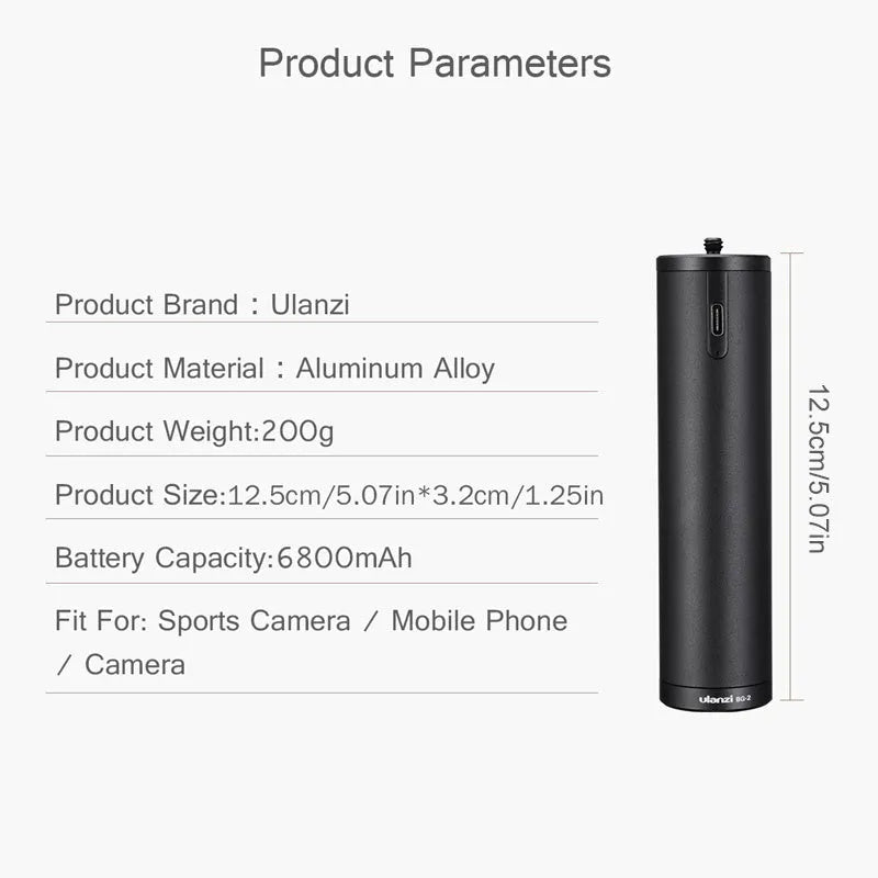 Black aluminium alloy power bank with carry handle showing 6800mAh capacity.