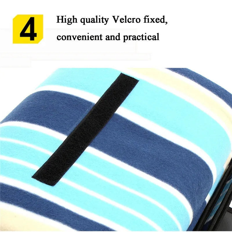 Folding suede picnic mat with blue stripes, expanded 200x200cm, showing soft velvet top and waterproof base