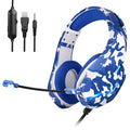Wired camouflage gaming headset with microphone and braided cable on a desk