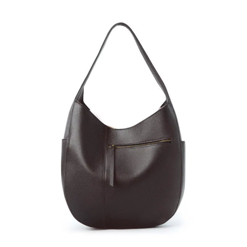 Genuine leather top layer cowhide shell tote bag in black with open outer pocket