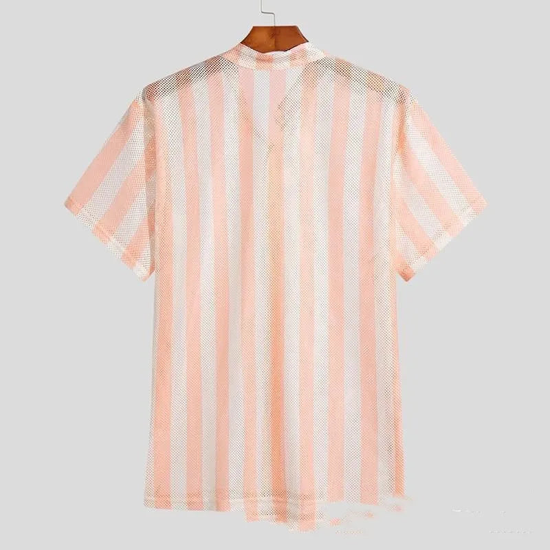 Men's pink waffle texture shirt with hole design, cardigan style with short sleeves