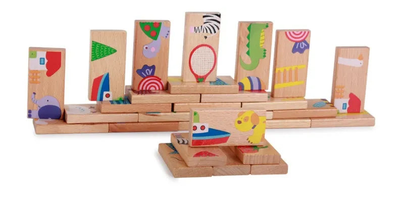 Set of 28 beech wood animal dominoes in beige colour, each 6x3 cm, displayed for puzzle solitaire or domino game