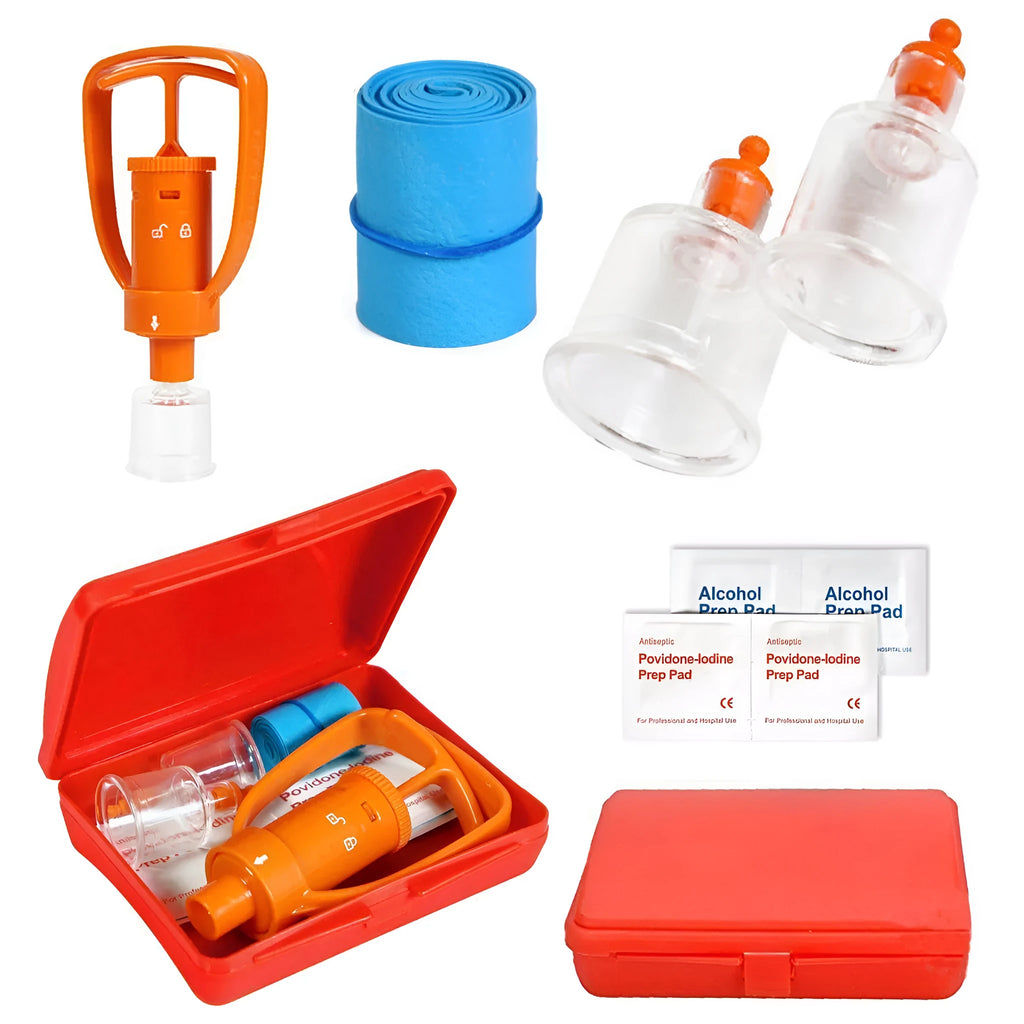 Orange portable first aid kit open to show vacuum suction pump, two suction cups, and medical accessories.