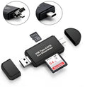 Black Smart Three-In-One Multi-Function Card Reader with Micro USB and USB 2.0 connectors