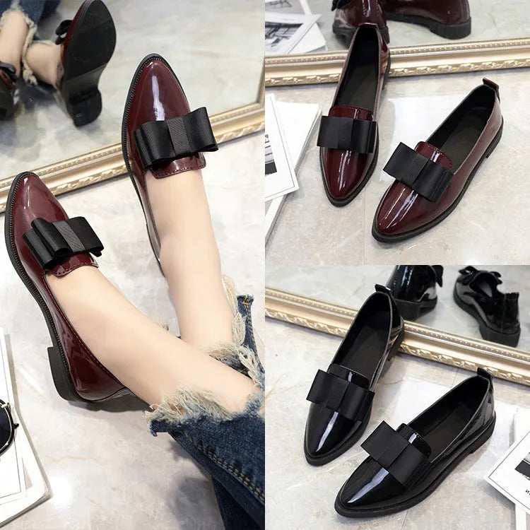 Women's patent leather bowtie flat loafers with pointed toe and low heel in black and claret