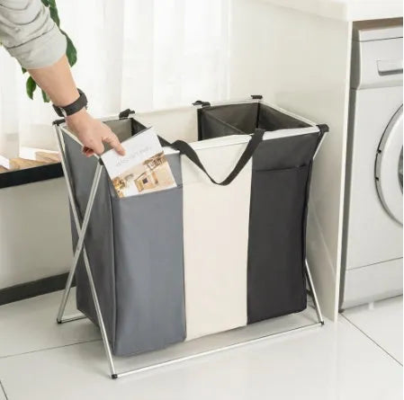 Grey foldable 3-compartment laundry basket with Oxford cloth body and aluminium frame