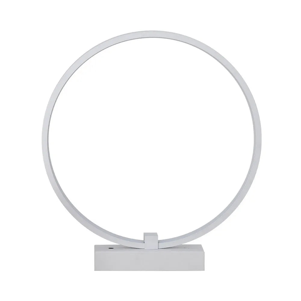 White circular LED bedside lamp, 25cm diameter, iron base and acrylic frame, for bedroom or living room