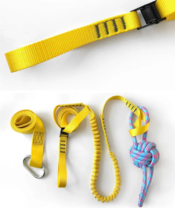 Dog training belt rope toy set with black polyester belt and yellow rope toy on a neutral background