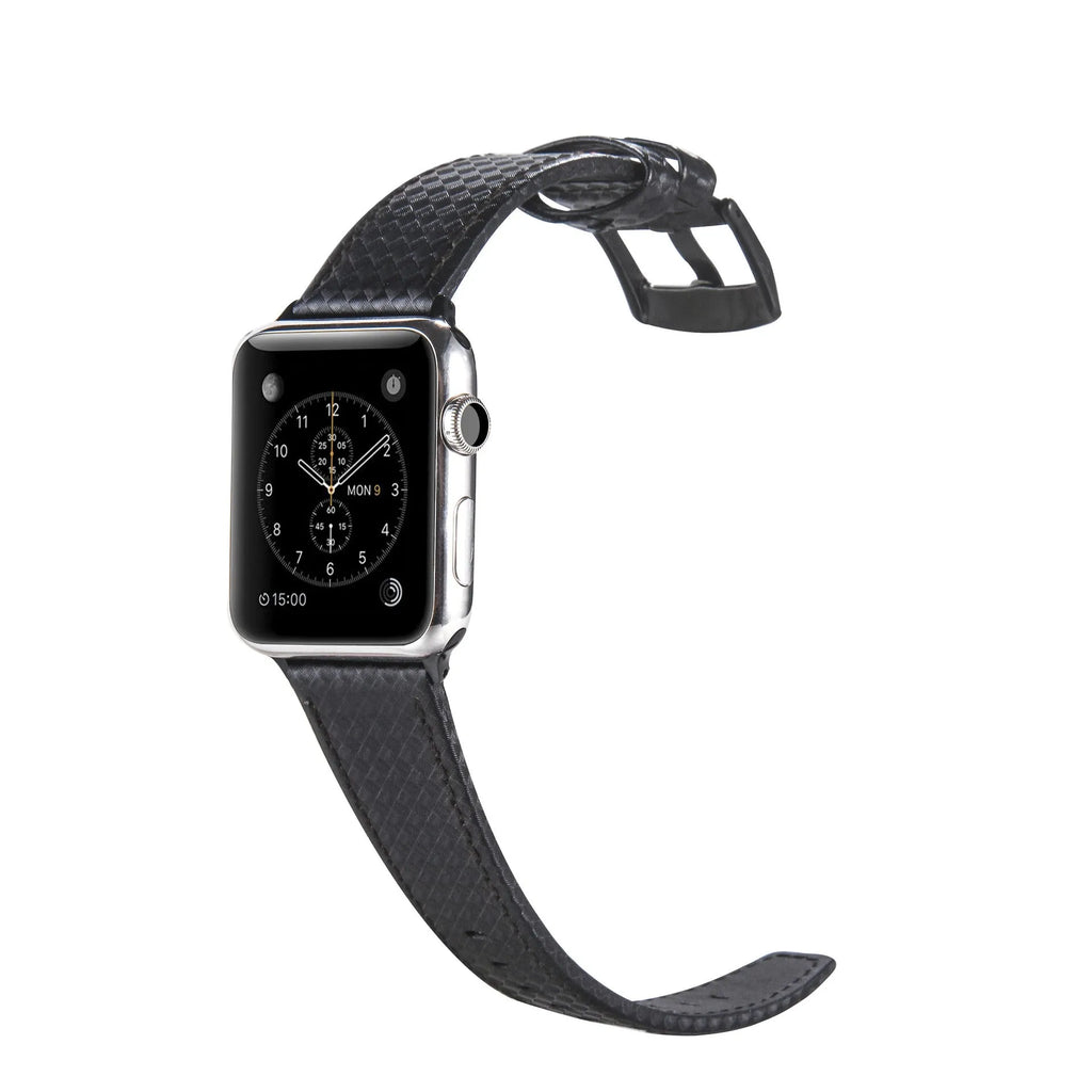 Carbon fibre and leather Apple Watch strap on a PC hard shell case, showing red, black, orange, and blue colour options.
