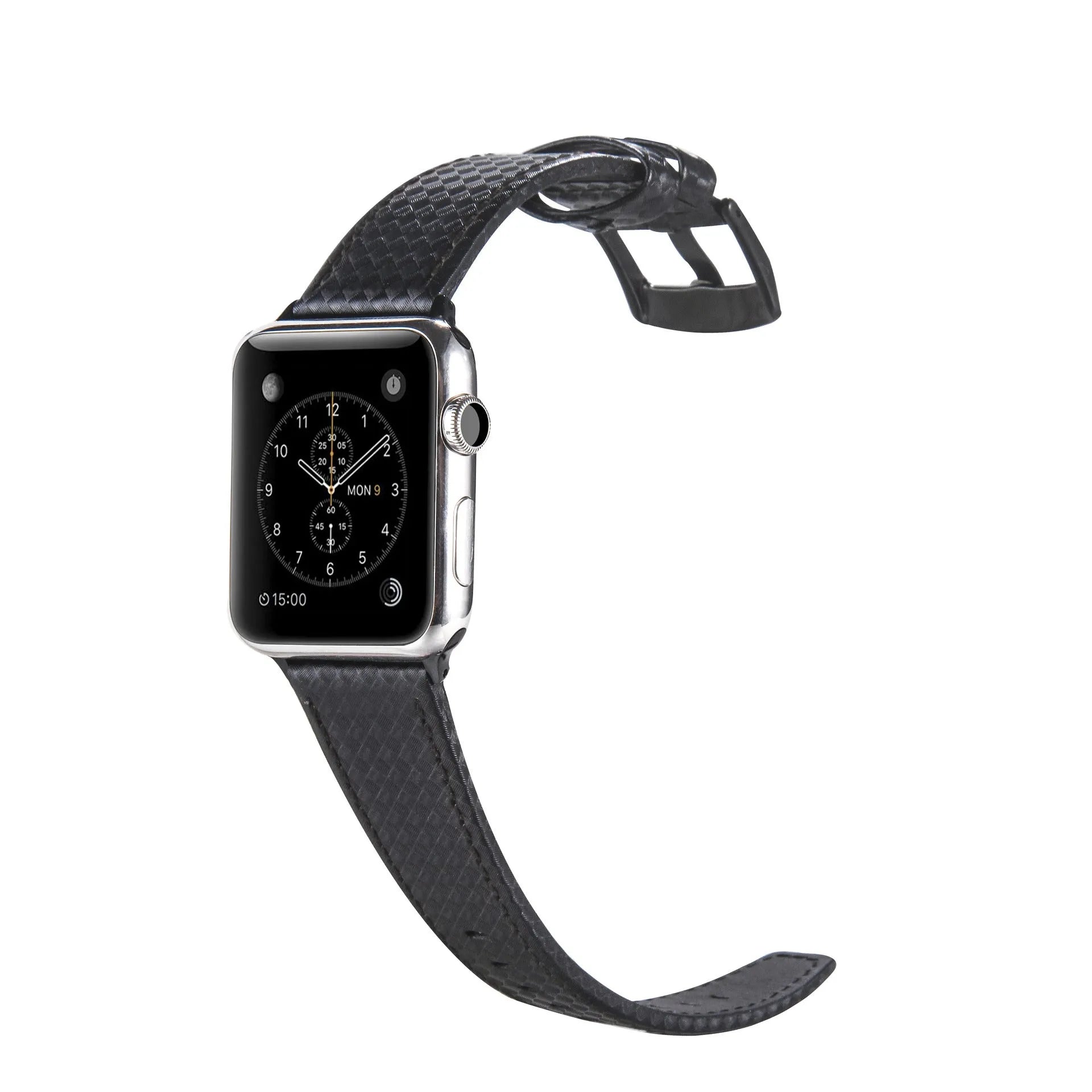 Carbon fibre and leather Apple Watch strap on a PC hard shell case, showing red, black, orange, and blue colour options.