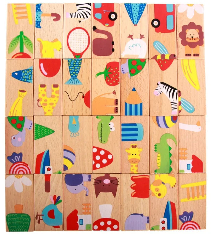 Set of 28 beech wood animal dominoes in beige colour, each 6x3 cm, displayed for puzzle solitaire or domino game