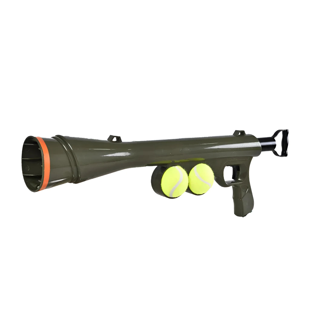 Black ABS plastic tennis ball launcher gun for pets with two tennis balls included