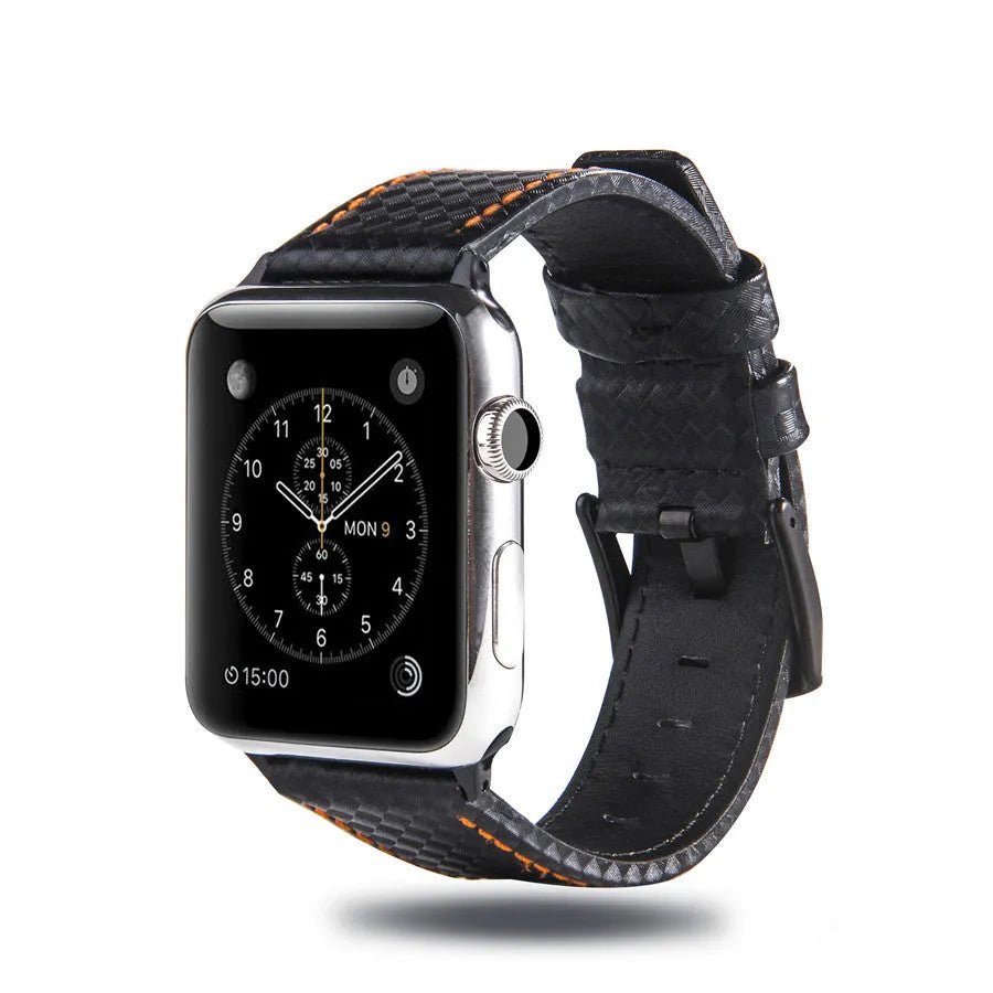 Carbon fibre and leather Apple Watch strap on a PC hard shell case, showing red, black, orange, and blue colour options.