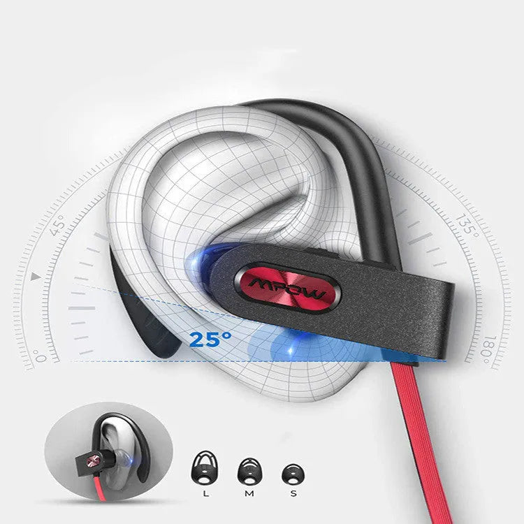Red hanging ear Bluetooth headset shown from the side, highlighting its over-ear design.