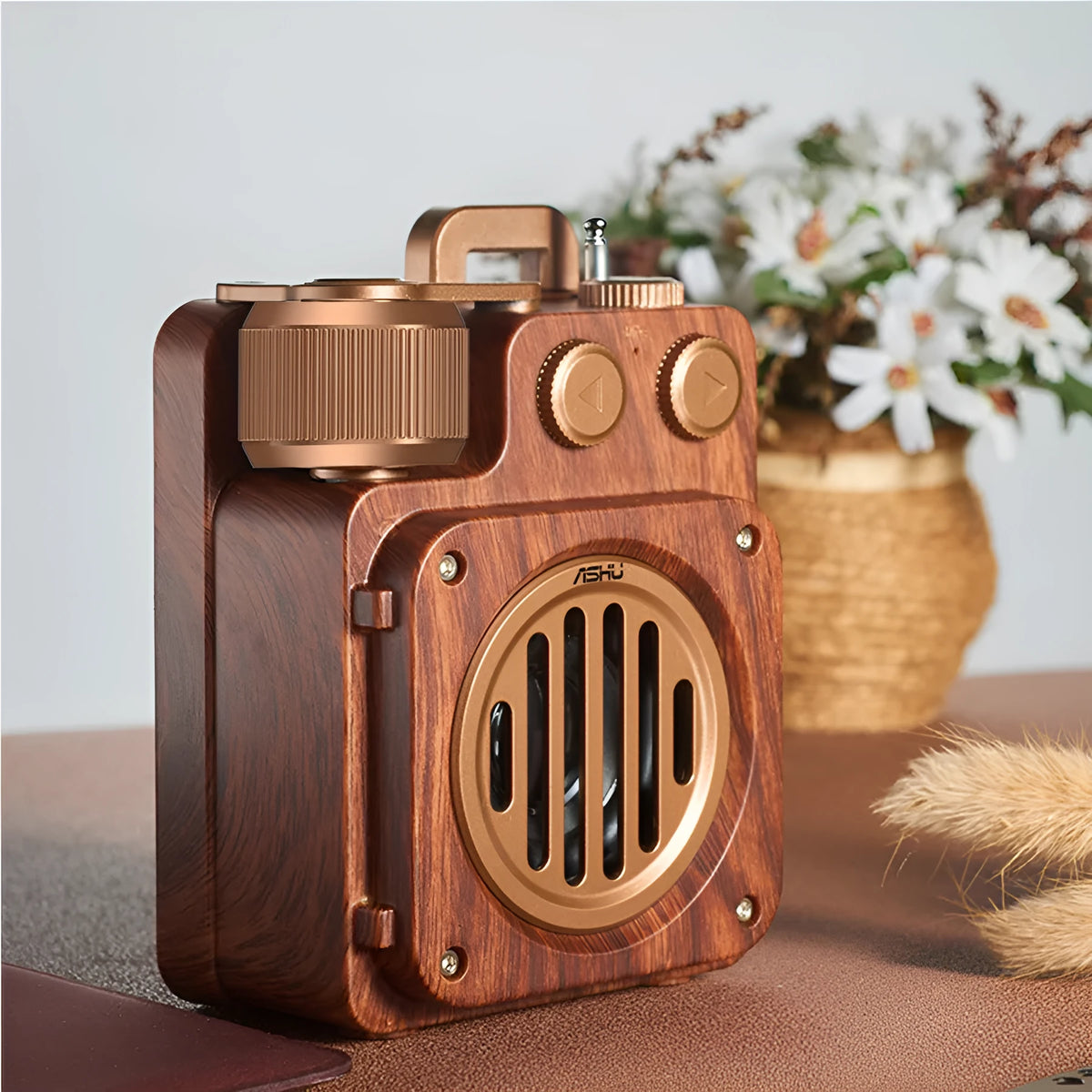 Retro lightweight compact wireless Bluetooth speaker in rosewood gold finish with plastic shell