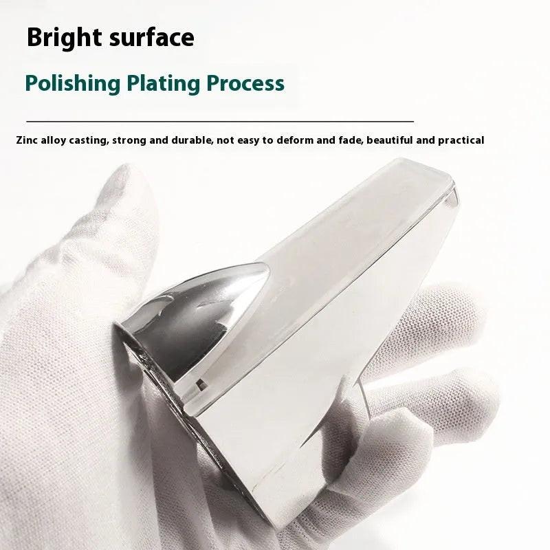 Electroplated metal adjustable clip holder for glass partitions and display panels.