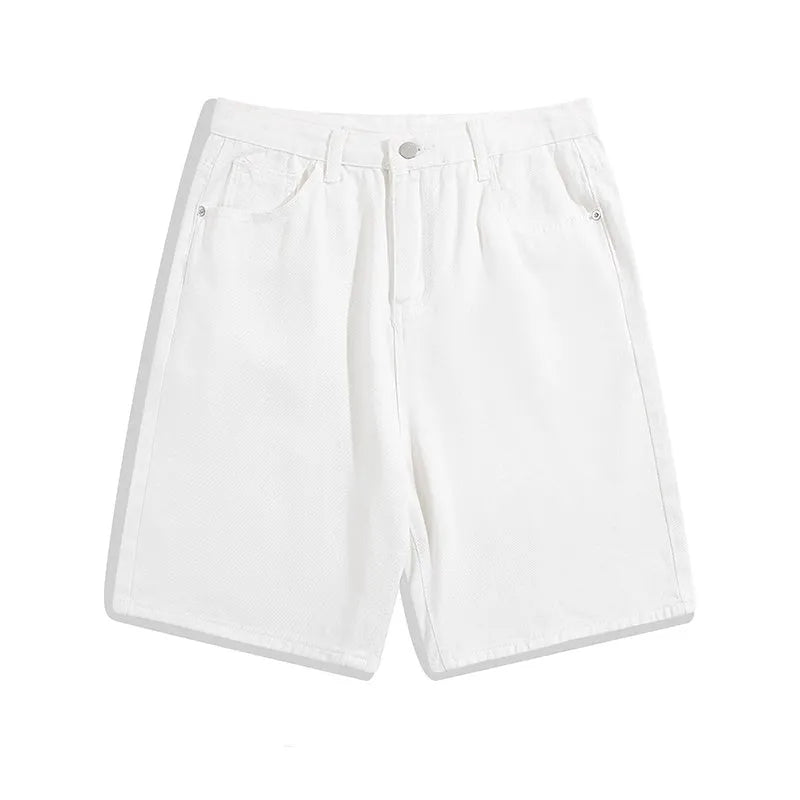 Men's light blue denim shorts with a straight leg and zip fly, laid flat.