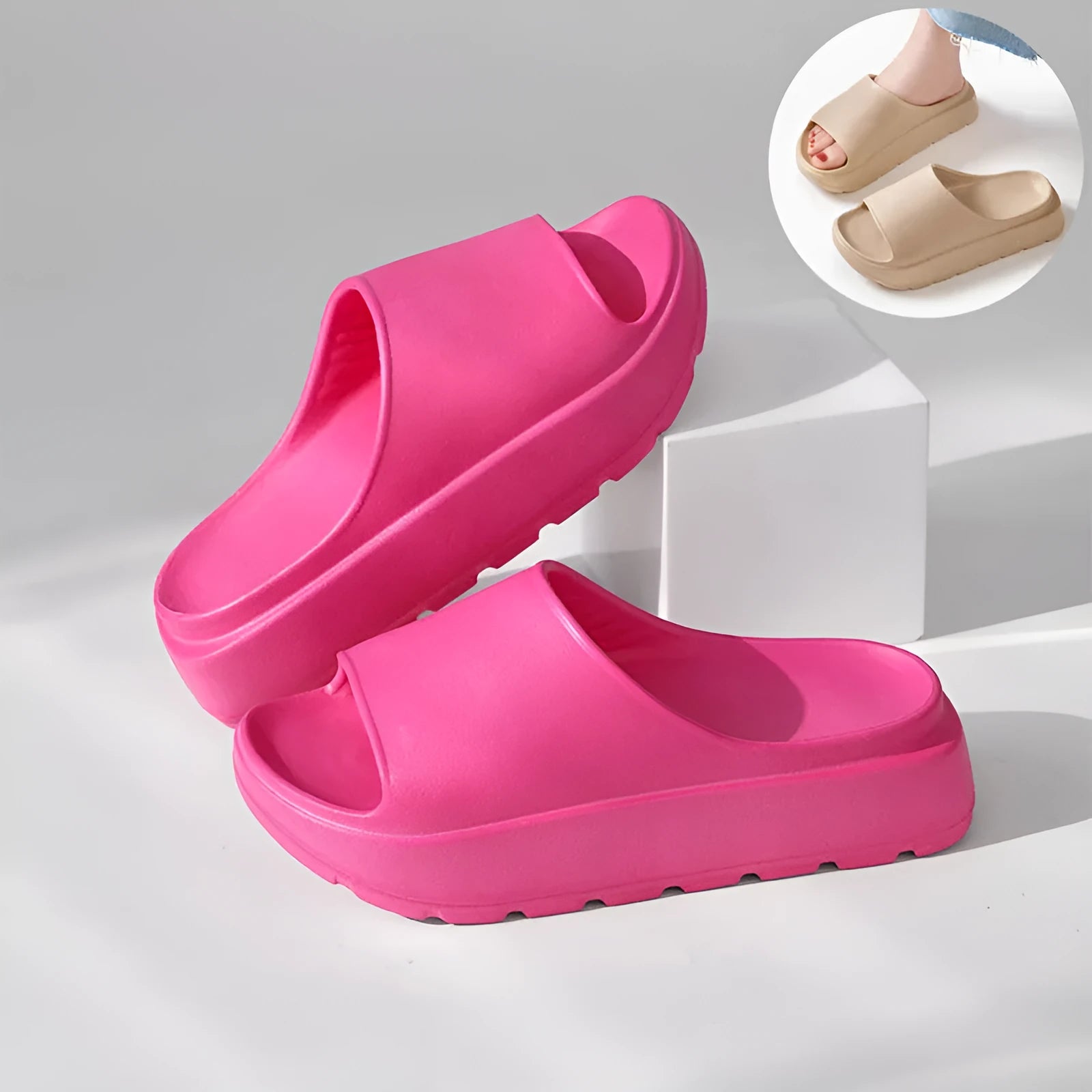 Women's fish mouth slippers with 5.5cm thick EVA soles in beige, black, khaki, or rose red colours