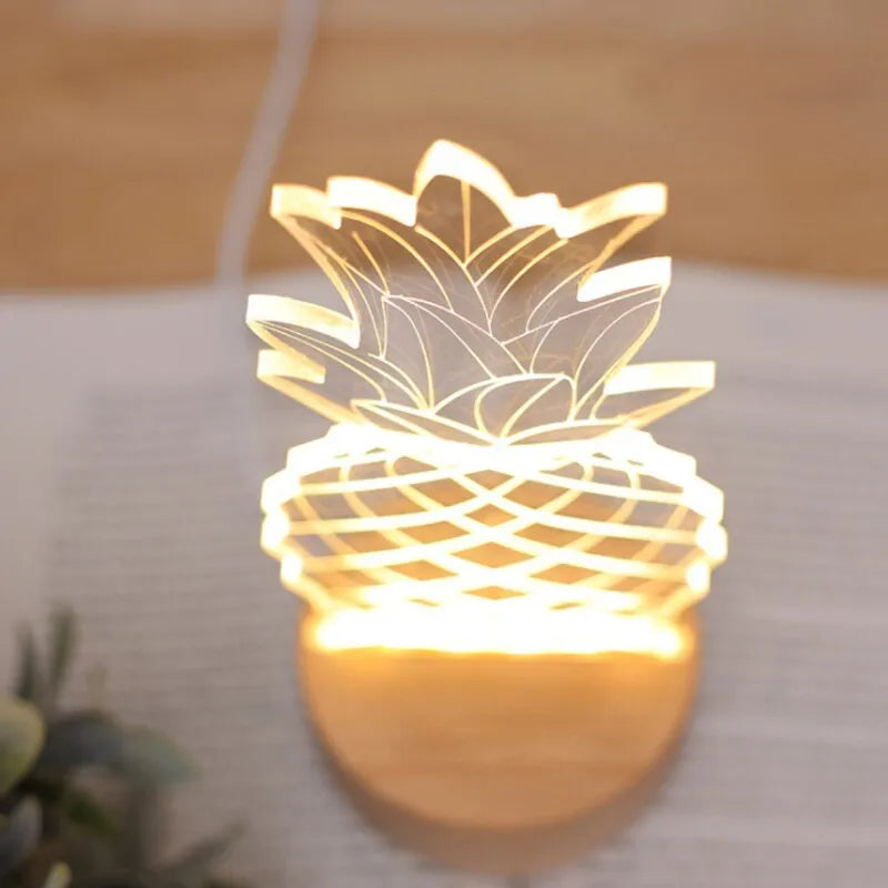 Pineapple-shaped bedside table lamp with wood and acrylic construction featuring USB power and dimmer switch