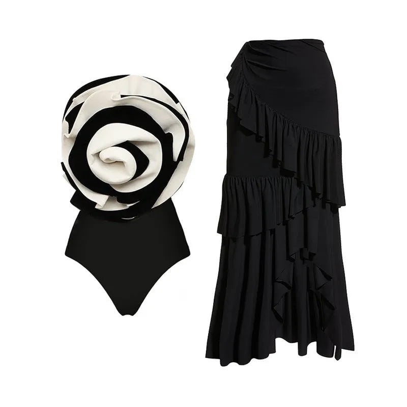 Women's one-piece swimsuit with matching skirt in solid colour design