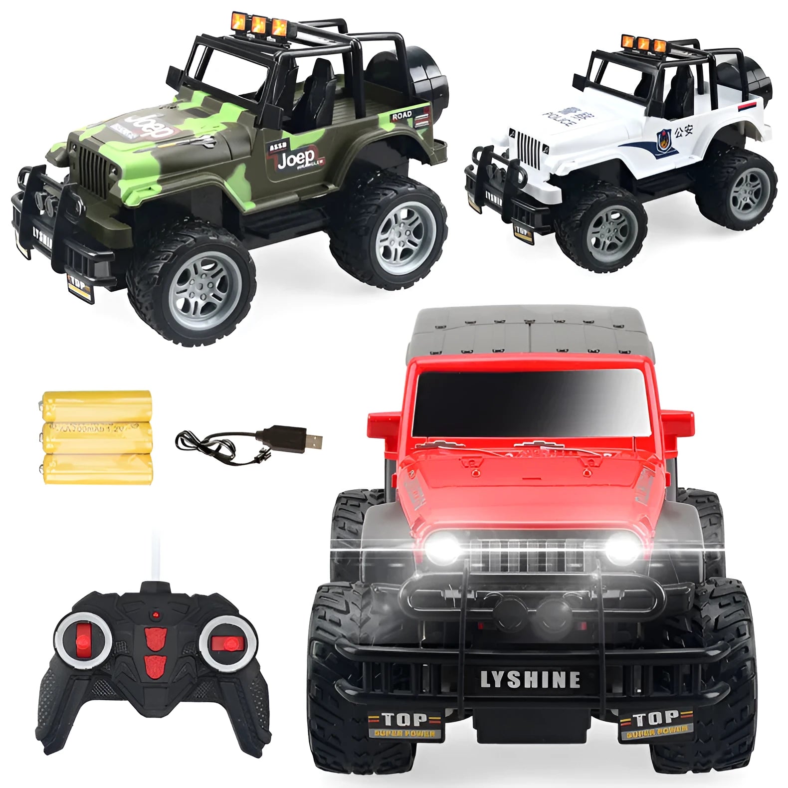 Children's plastic four-way remote control off-road car with flashing lights in green