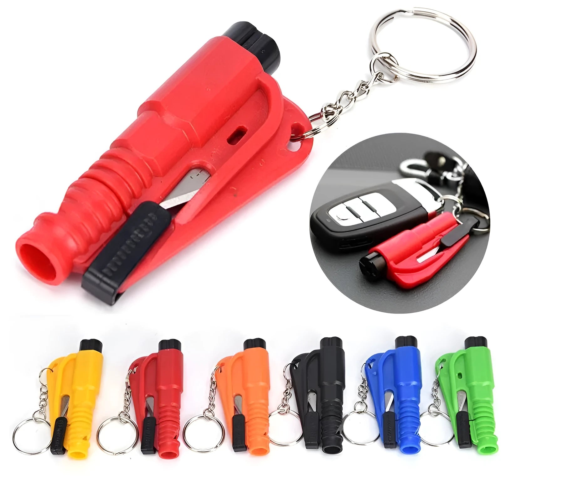 Mini Emergency Safety Hammer Keychain Car Rescue Tool with firing pin mechanism, ABS material, 73x34x15mm size