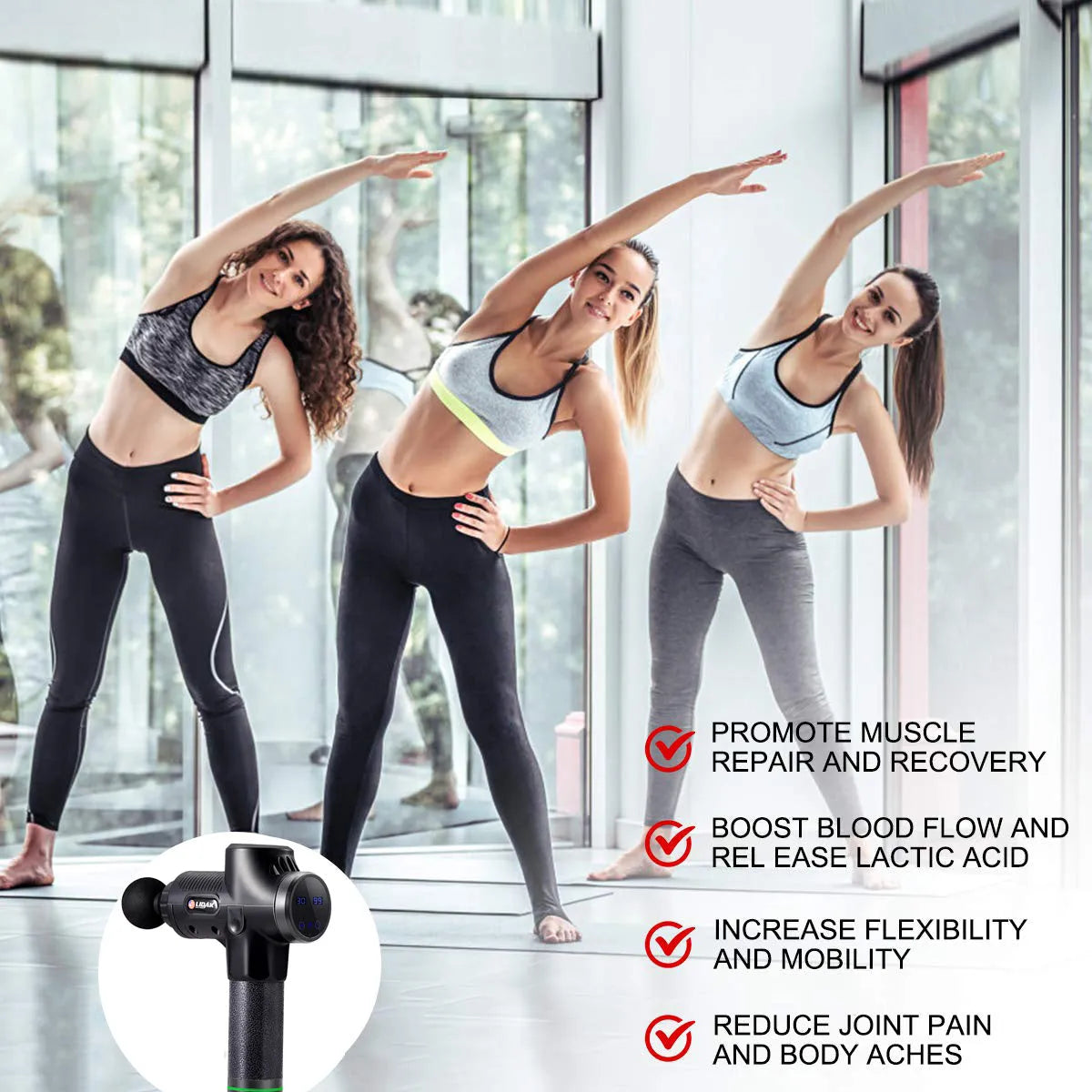 Fascia massage gun with 24V brushless motor, 30-speed control, six soft massage heads, and 2400mAh lithium battery in black.