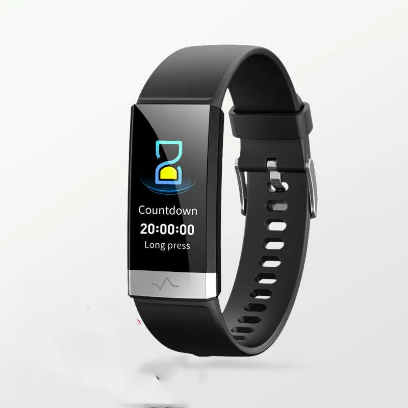 V19 smart fitness tracker in black on a wrist, showing health metrics on its colour screen.