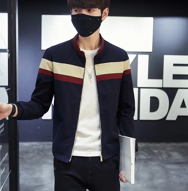 Men's Korean style single-breasted casual jacket in cotton with colour-blocked blue and green pattern, lightweight design for daily wear
