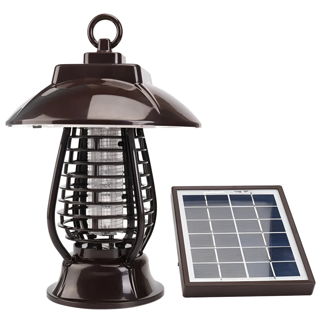 White and black solar-powered mosquito lamp with solar panel on top for outdoor garden use.