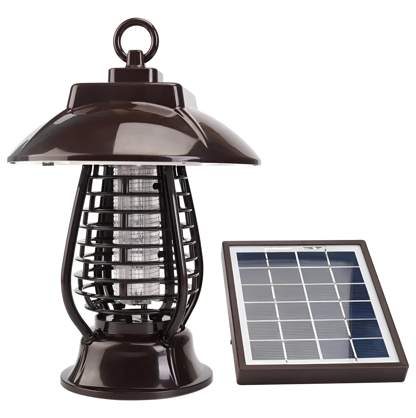 White and black solar-powered mosquito lamp with solar panel on top for outdoor garden use.