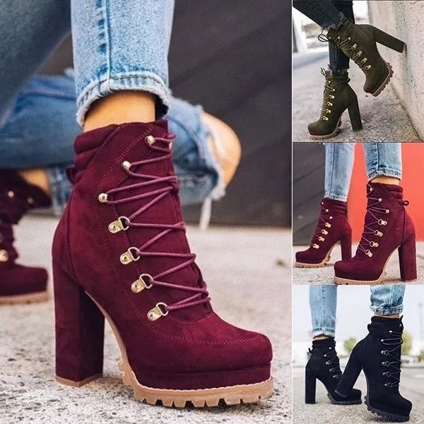 Women's suede high heel boots with thick heels, round toe, and buckle details in army green colour