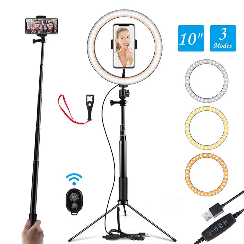 Black aluminium selfie stick tripod extended to full height with smartphone mounted