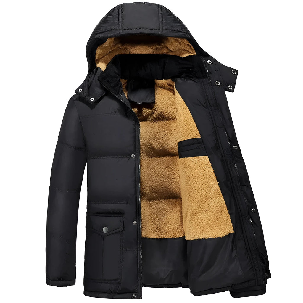 Men's black velvet padded hooded winter jacket with double-breasted placket loose fit
