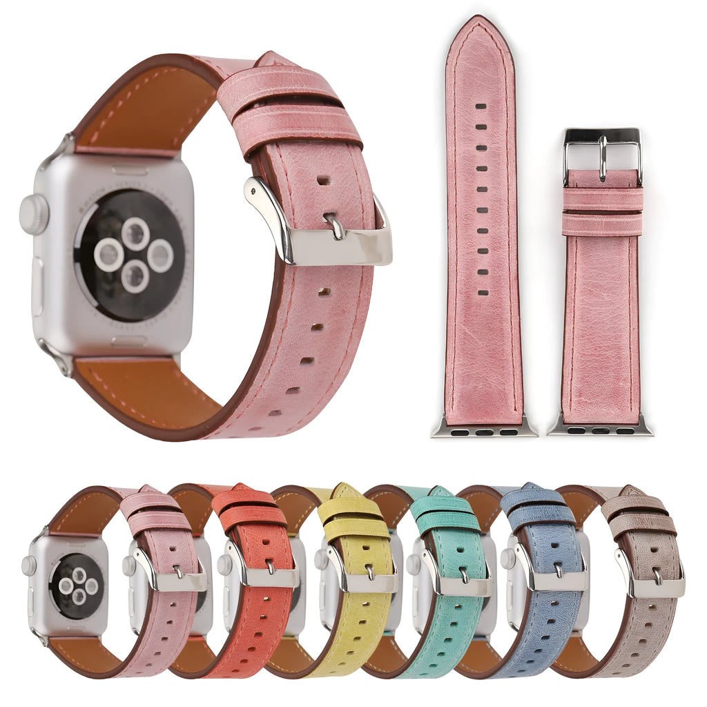 Leather watch strap with a folding buckle shown in multiple colour options.
