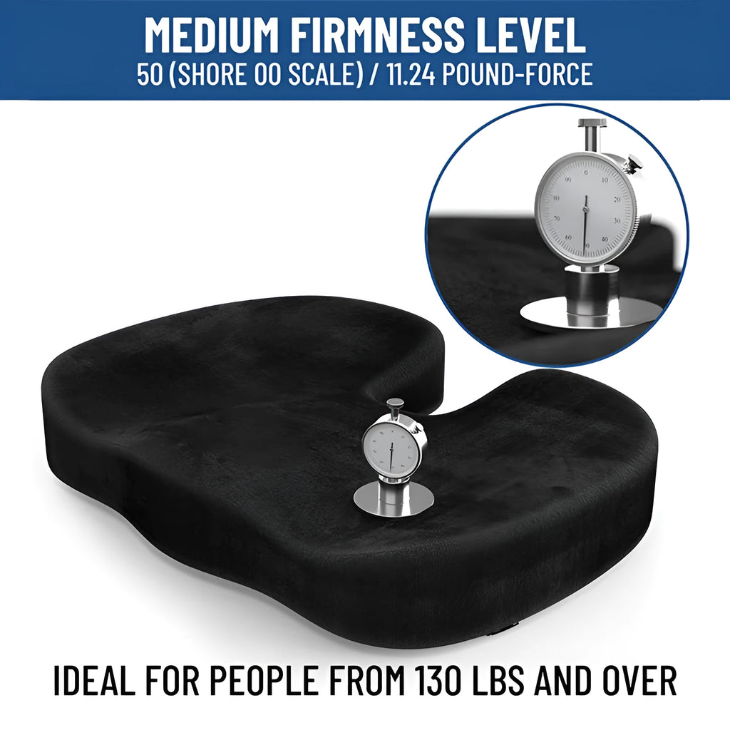 Black U-shaped memory foam seat cushion for office chair tailbone support.