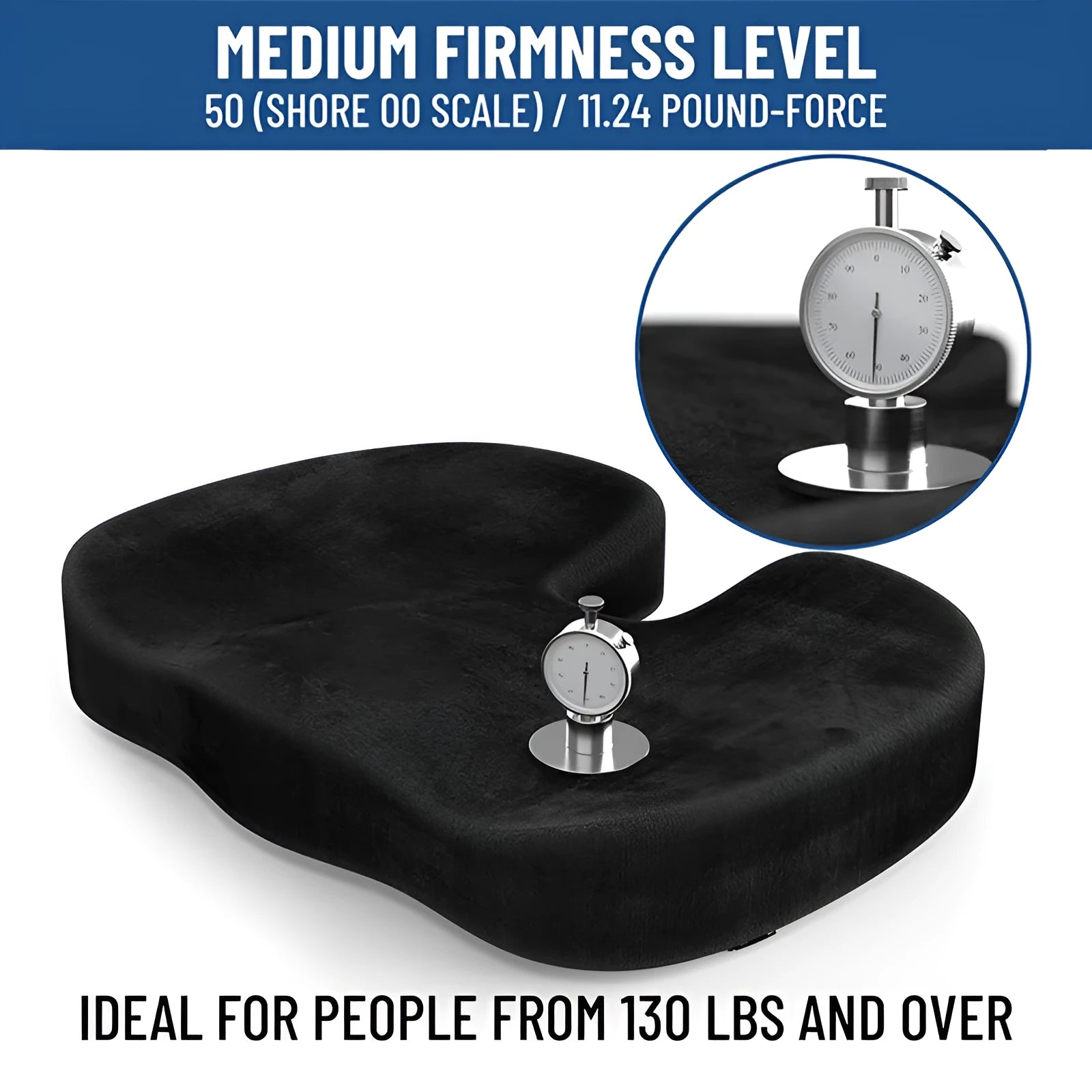 Black U-shaped memory foam seat cushion for office chair tailbone support.