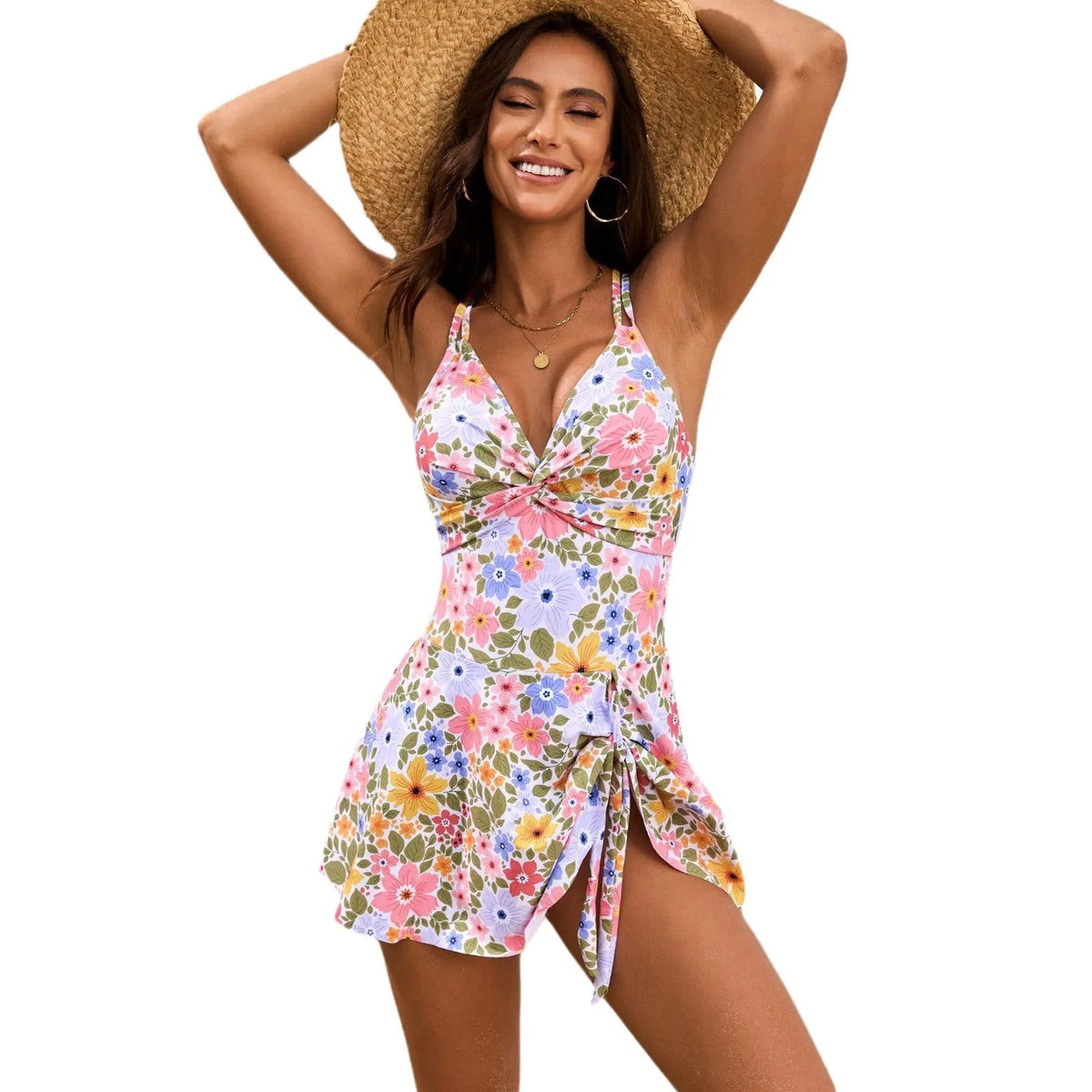 Twist front cross skirt one-piece swimsuit in printed pattern, sleeveless with quick-drying polyester spandex fabric.