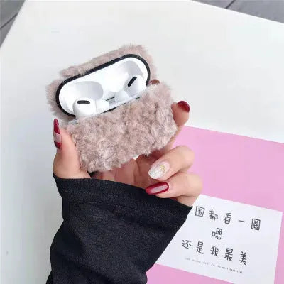 Simple Lamb hard plastic AirPods cover with plush interior in blue, shown next to brown and grey options.
