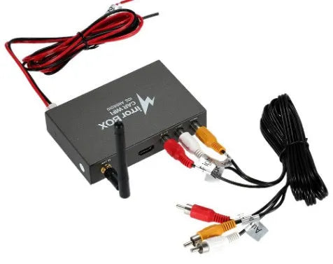 Car mirror link box with power cable, antenna and AV cables for smartphone screen mirroring