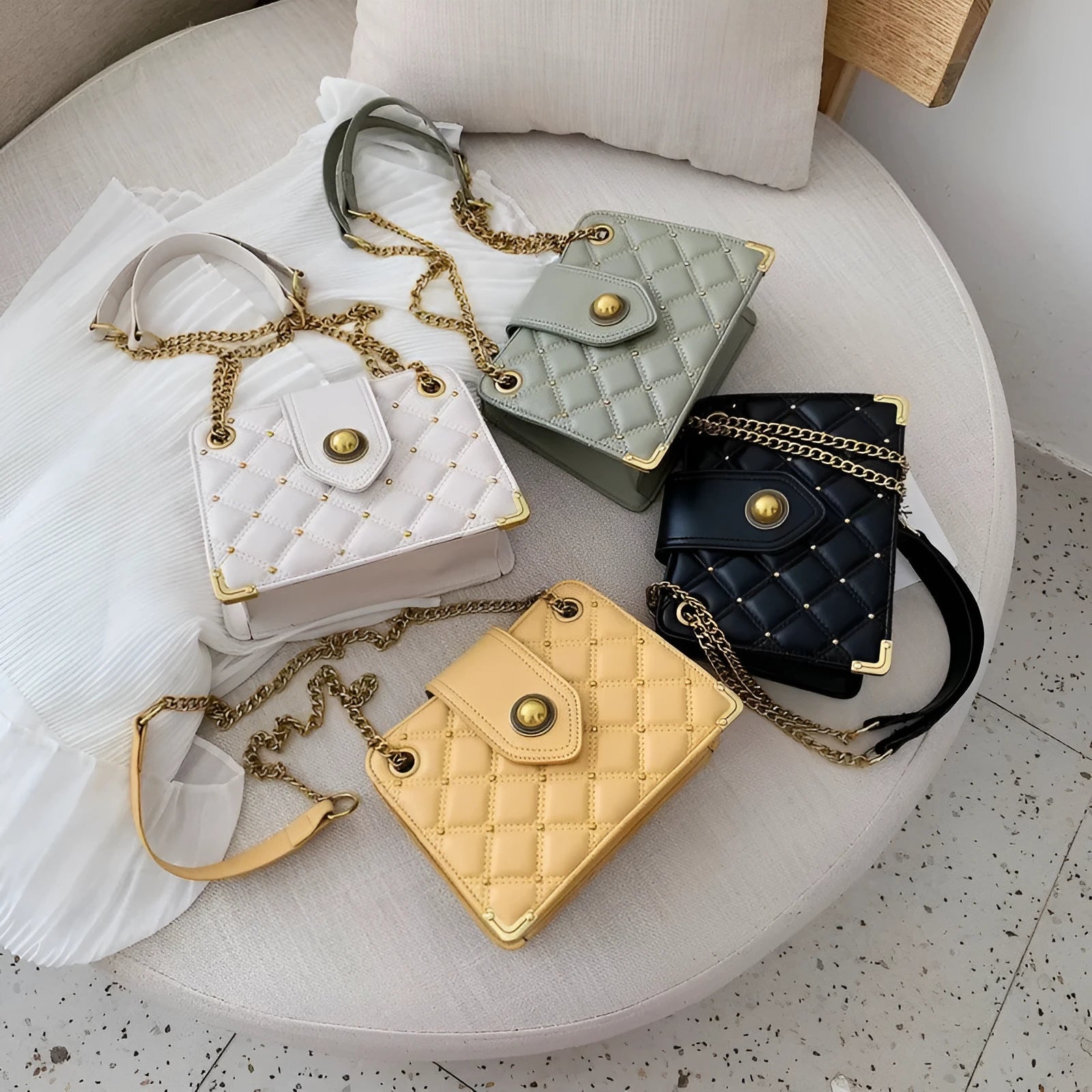 Women's PU ringer chain shoulder bag in tea green, compact 20x15x8cm size, adjustable chain strap