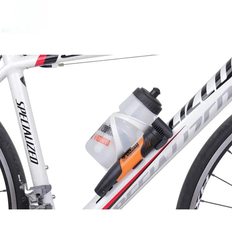 Mini plastic bicycle inflator for mountain bikes, shown in a choice of seven colours