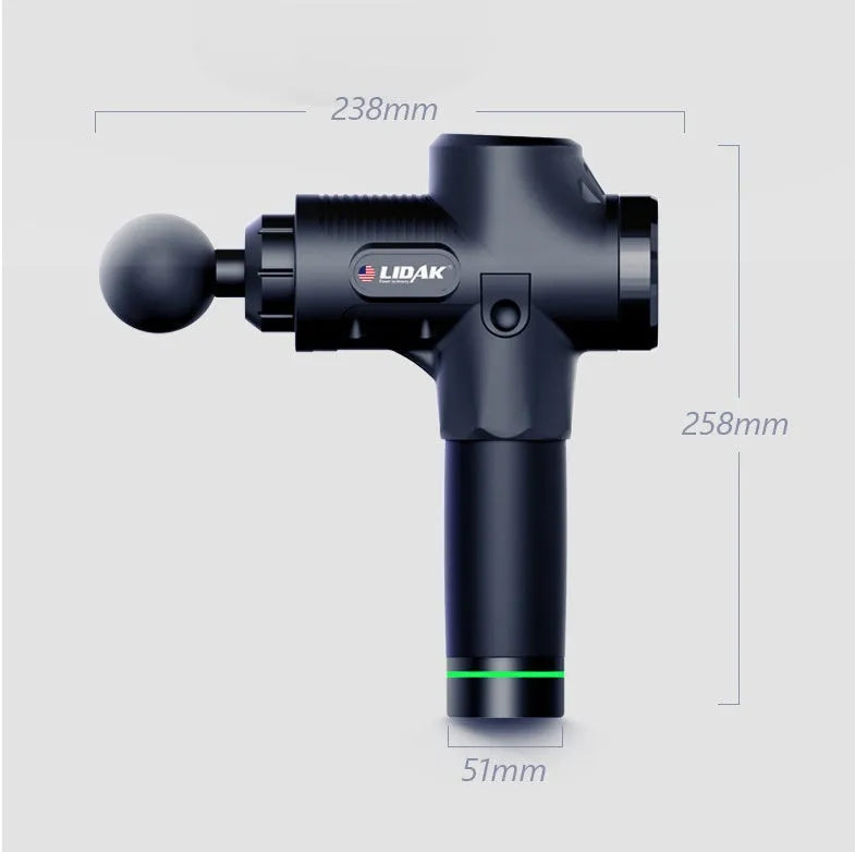 Fascia massage gun with 24V brushless motor, 30-speed control, six soft massage heads, and 2400mAh lithium battery in black.